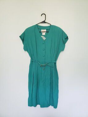 VTG Ninon De Lenchos Womens 9 10 Mini Dress Green Belted Retro V Neck 80s NWOT